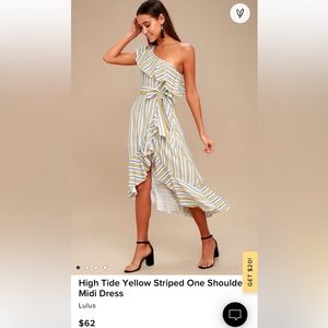 Lulu’s High Tide Yellow Striped One Shoulder
Midi Dress